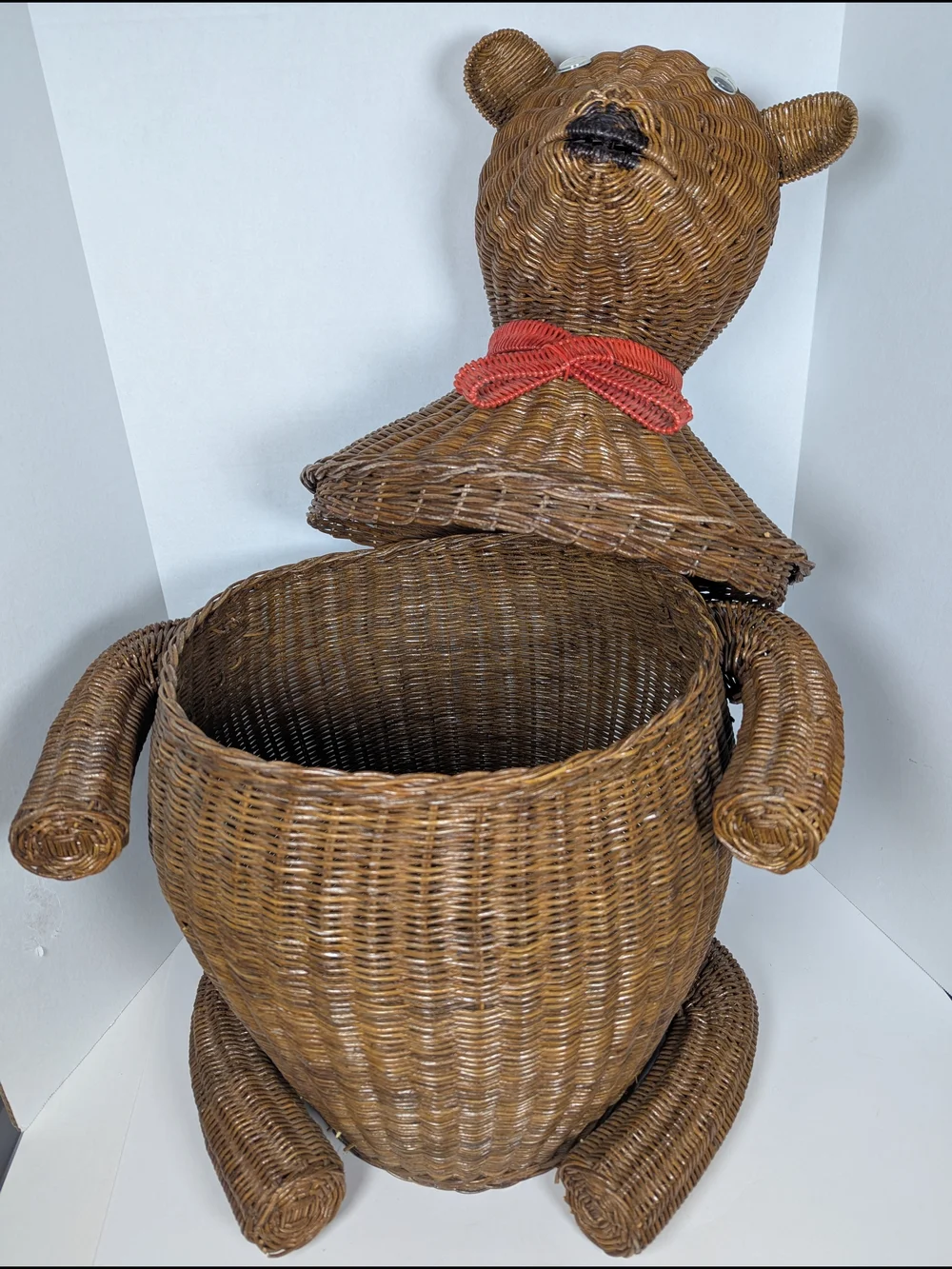 Vintage MCM Whimsical Wicker Bear Laundry Toy Hamper Storage